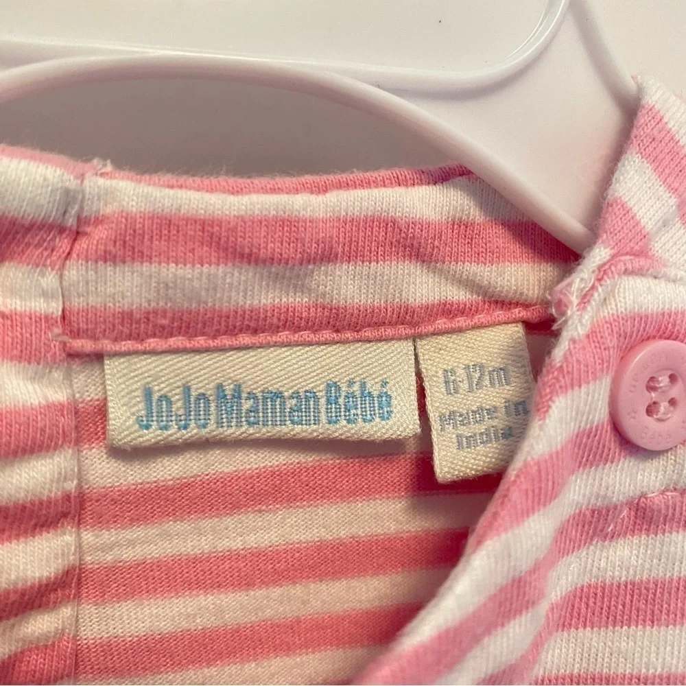 JoJo Maman Bebe Baby Girls Pink Stripe & Denim Skirt Dress Size 6-12 Months